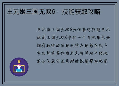 王元姬三国无双6：技能获取攻略
